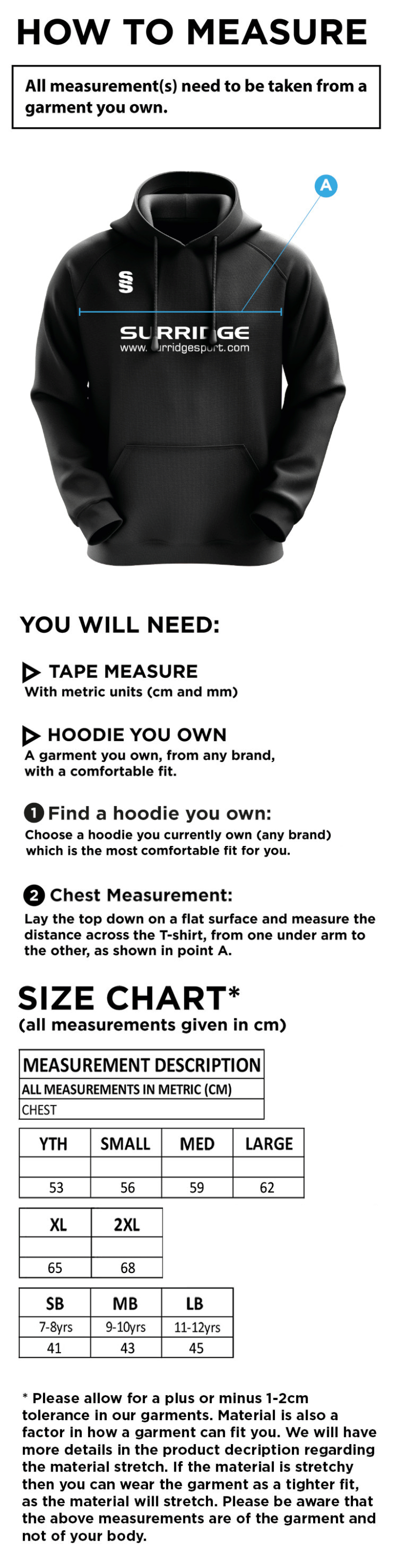 HUNTINGDONSHIRE CCC 50+ — Blade Hoody - Size Guide