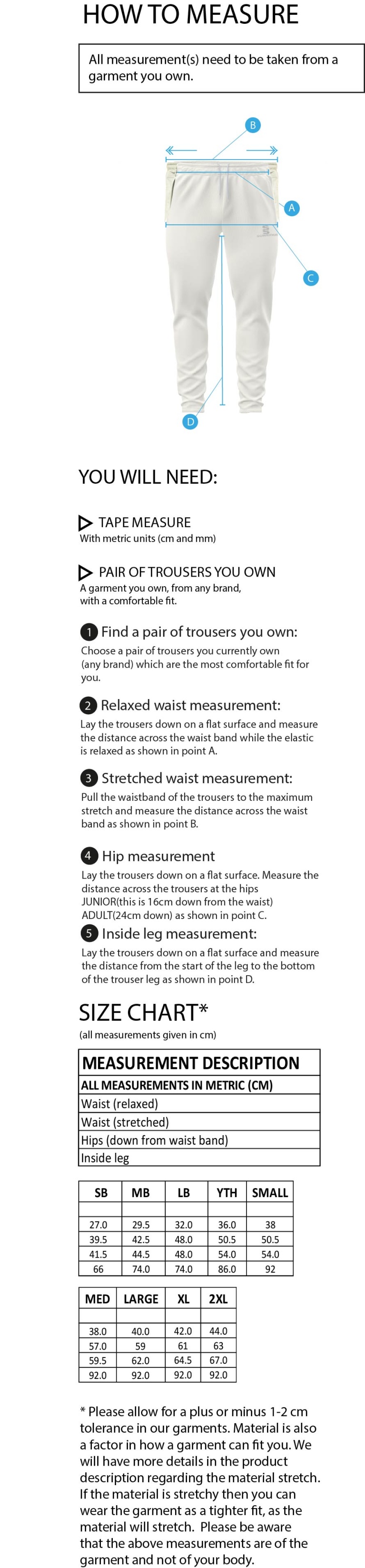 HUNTINGDONSHIRE CCC 50+ — Blade Playing Pant - Size Guide