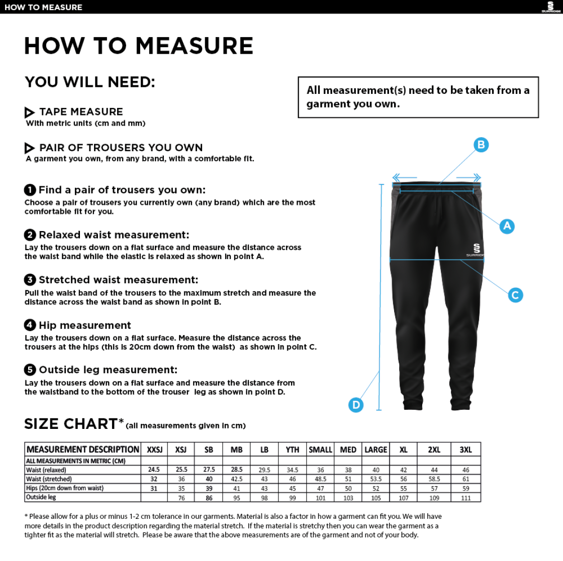 HUNTINGDONSHIRE CCC 50+ — Tek Slim Training Pants - Size Guide