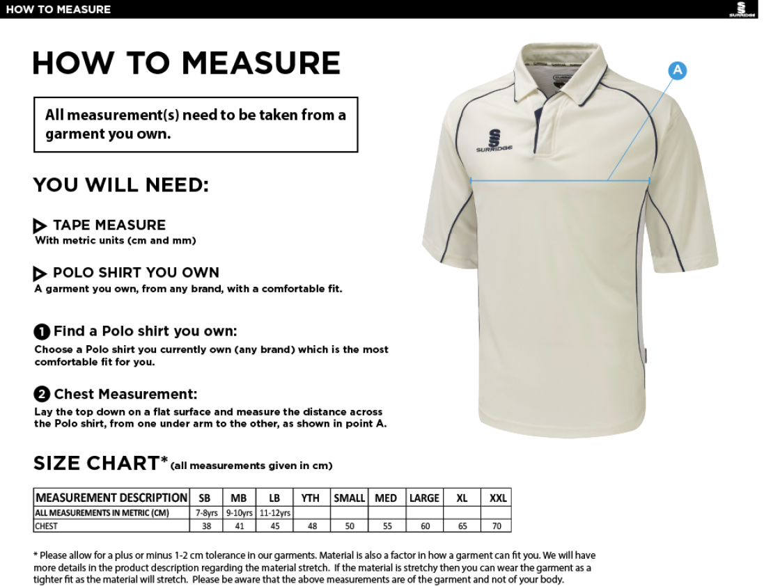 HUNTINGDONSHIRE CCC 50+ — Dual Premier Short Sleeve Shirt - Size Guide