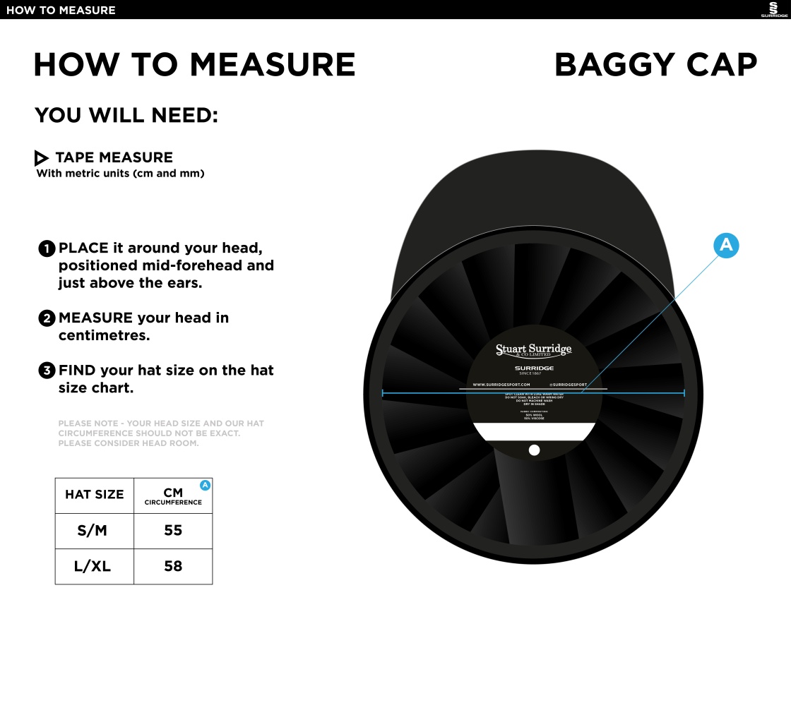 HUNTINGDONSHIRE CCC 50+ — Baggy Cricket Cap - Size Guide