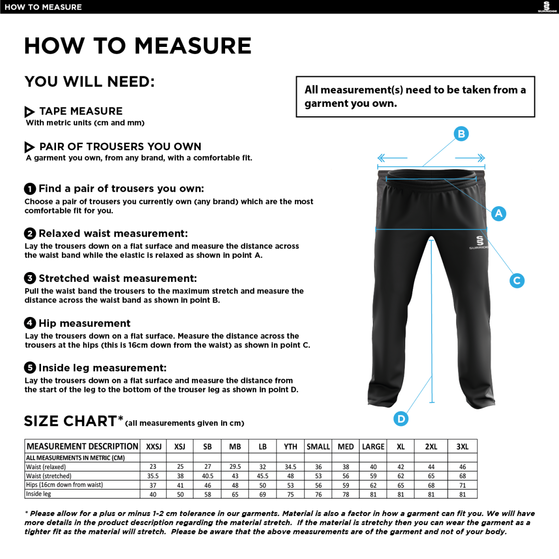 HUNTINGDONSHIRE CCC 50+ — Poplin Track Pant - Size Guide